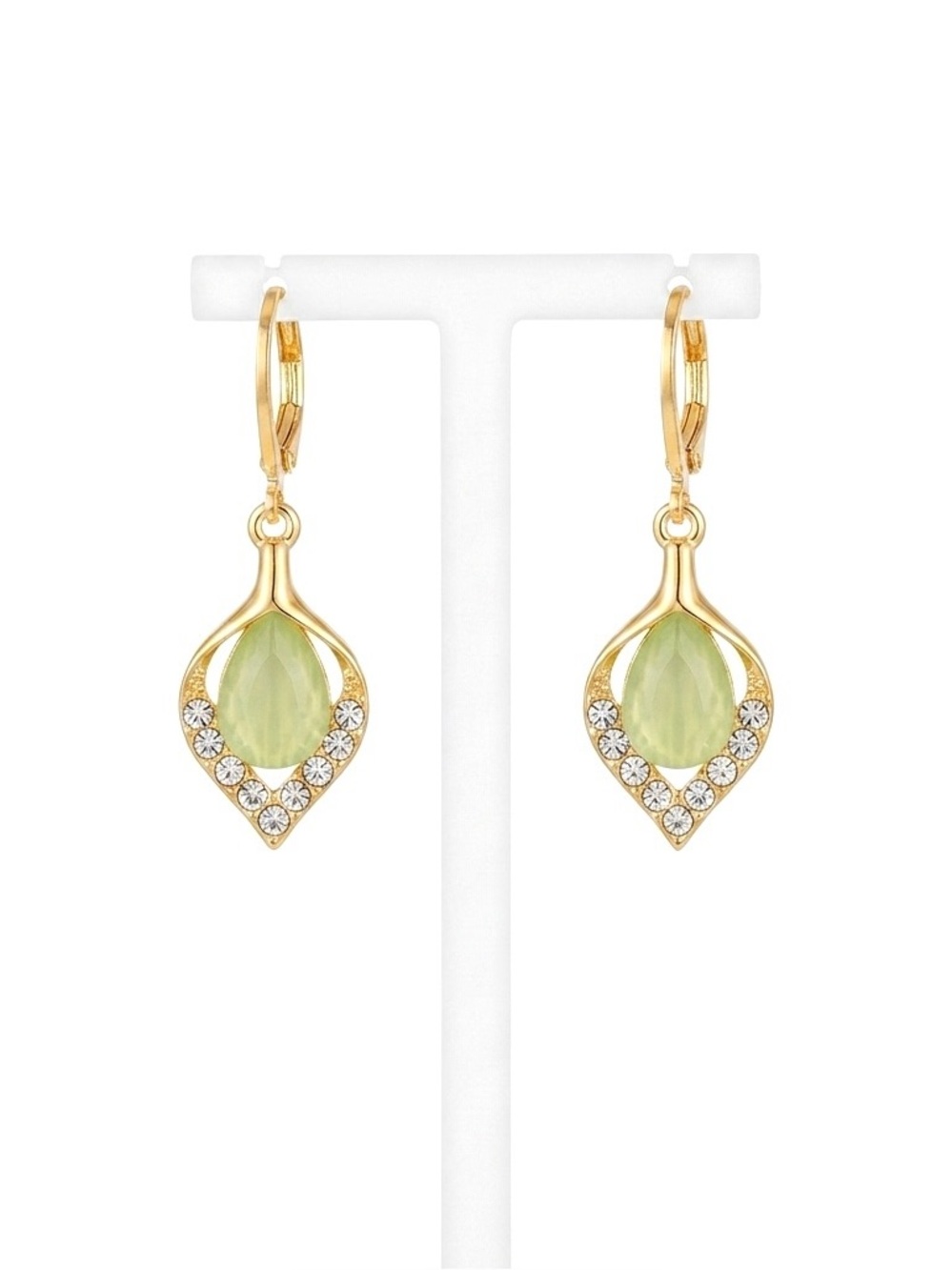 New Gold White Sapphire Olive Green Opal Elegant Tulip Petal Fringe Earrings